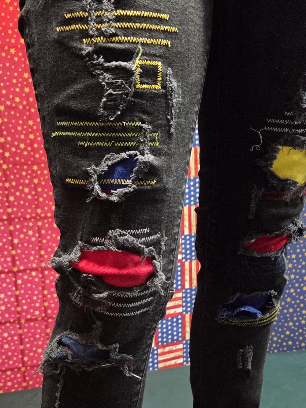 **Black Distressed Men’s Jeans with Color Patch Accents** - Picture 5 of 14